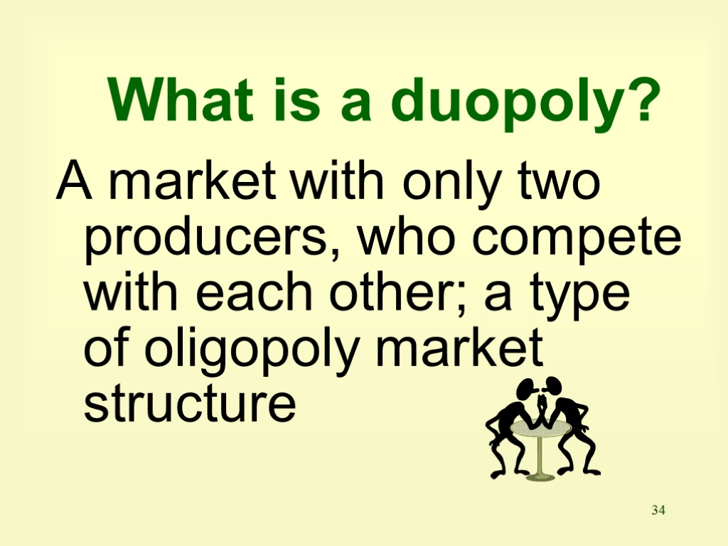 34 What is a duopoly? A market with only two producers, who compete with